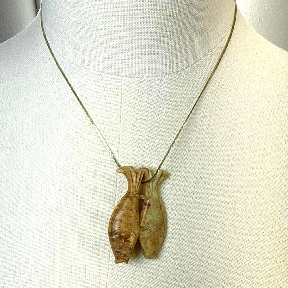 Vintage 70s Soapstone Double Fish Pendant Boho Chic